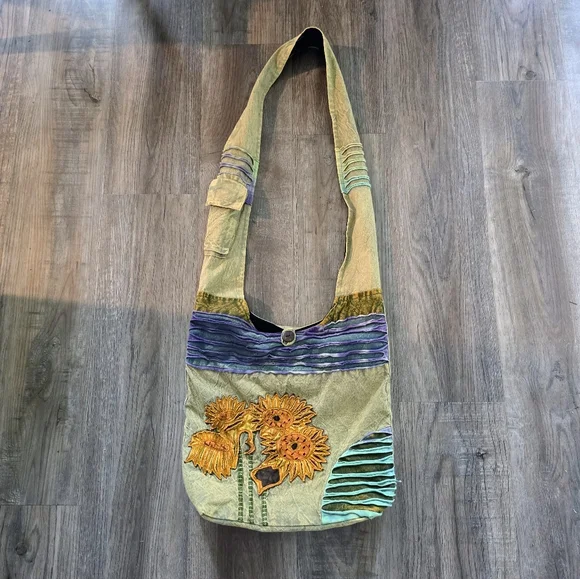 NWOT Boho Fabric Sunflower Embroidered Crossbody Bag - Picture 2 of 7